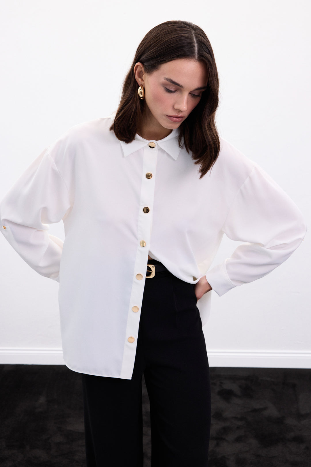 Sateen Chemise avec Détail de Pression - Écru