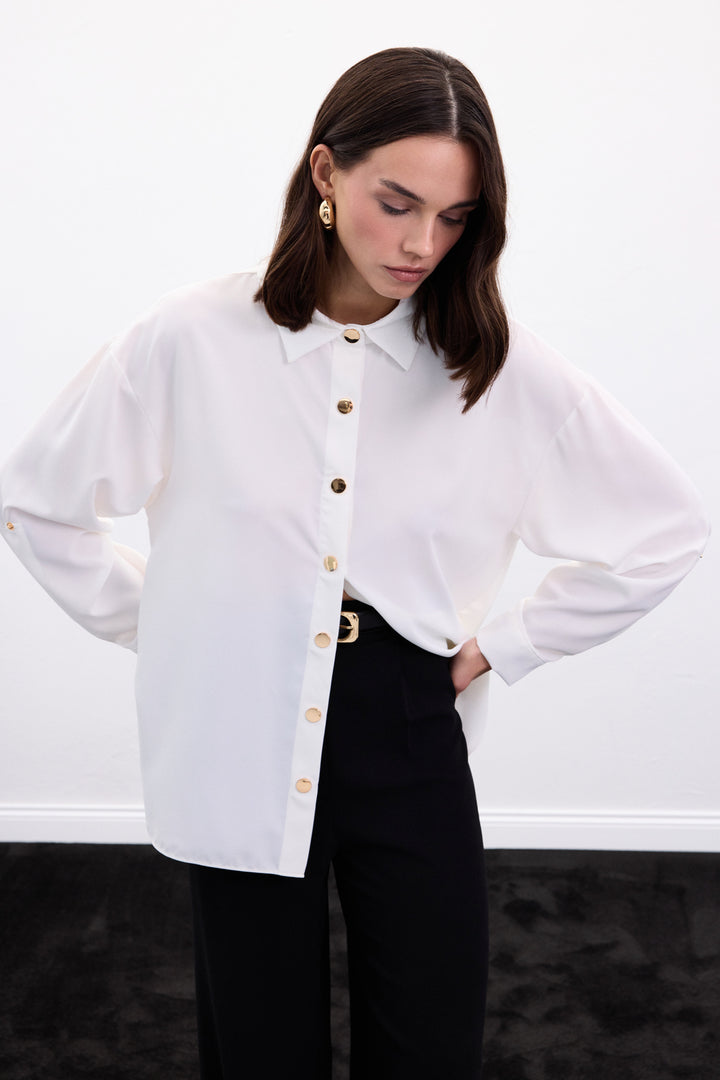 Sateen Chemise avec Détail de Pression - Écru