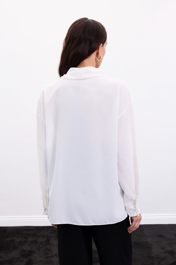 Sateen Chemise avec Détail de Pression - Écru