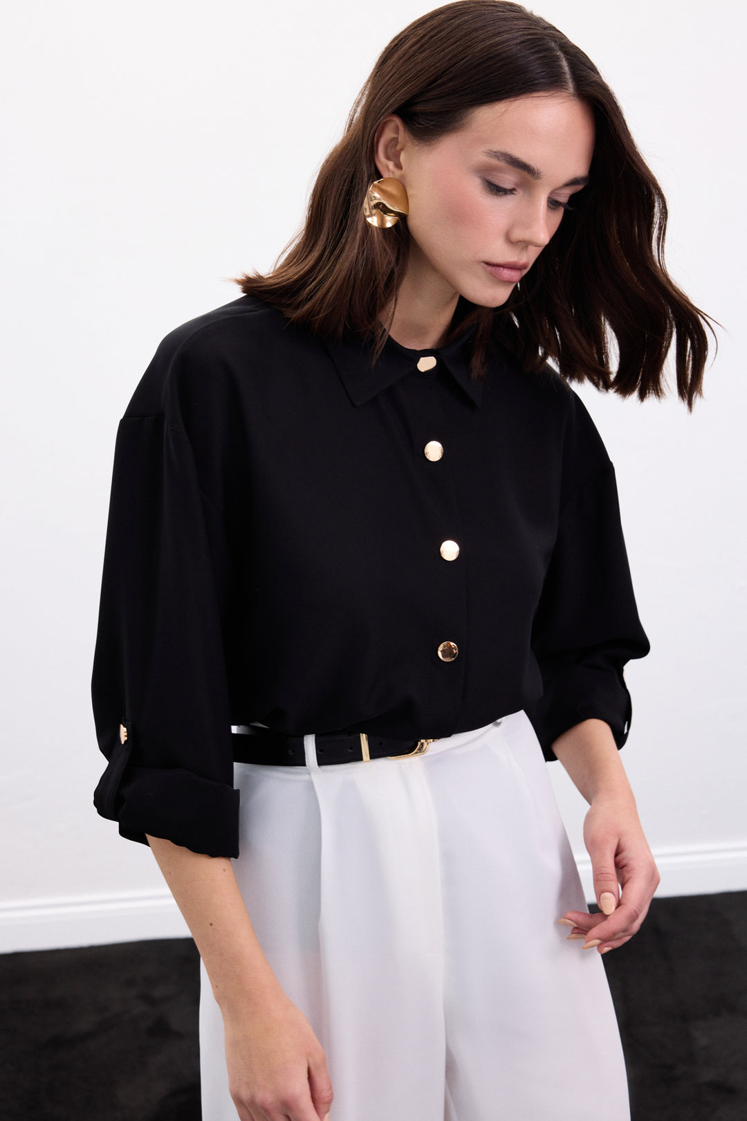 Sateen Chemise avec Détail de Pression - Noir