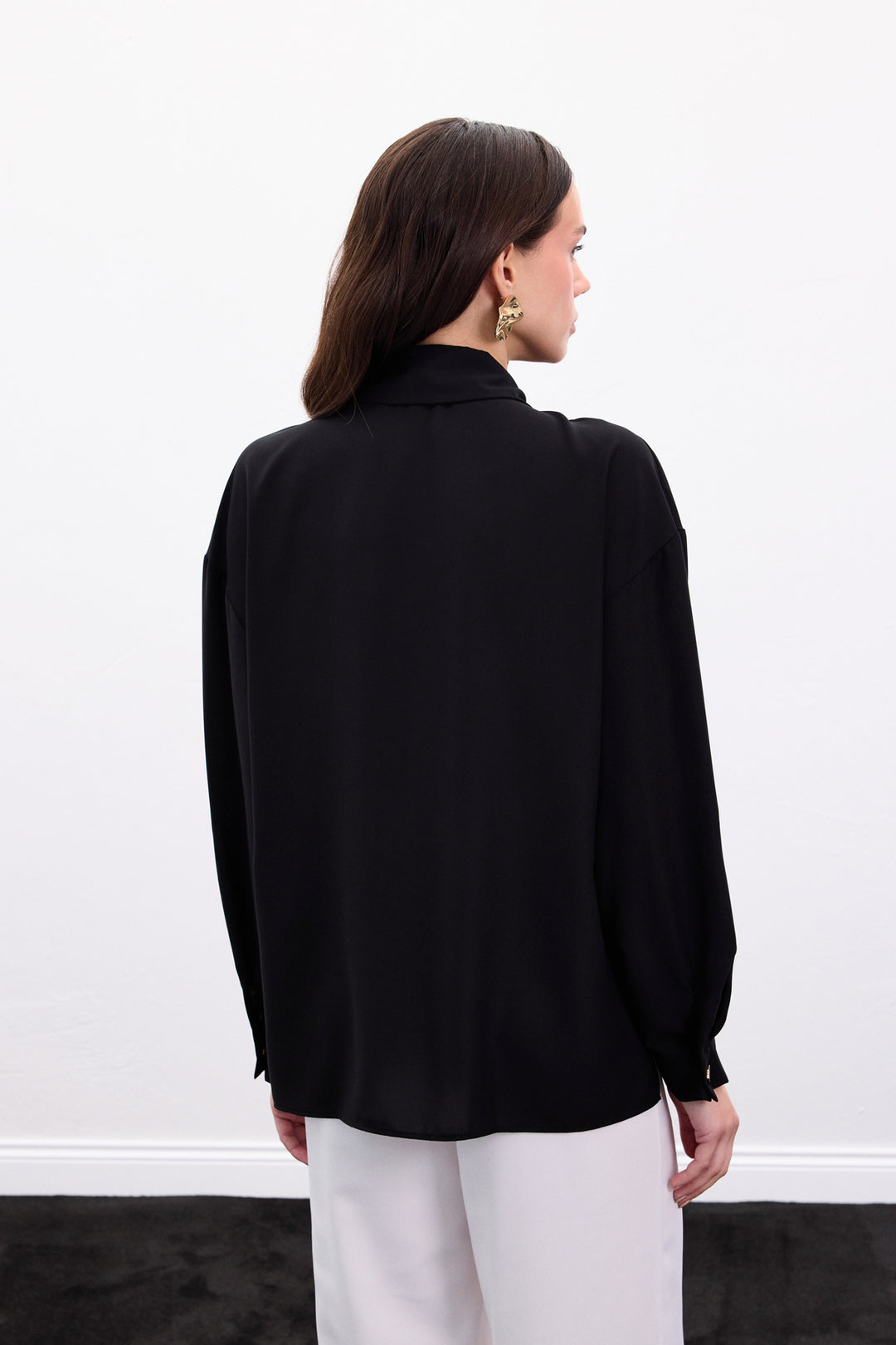 Sateen Chemise avec Détail de Pression - Noir