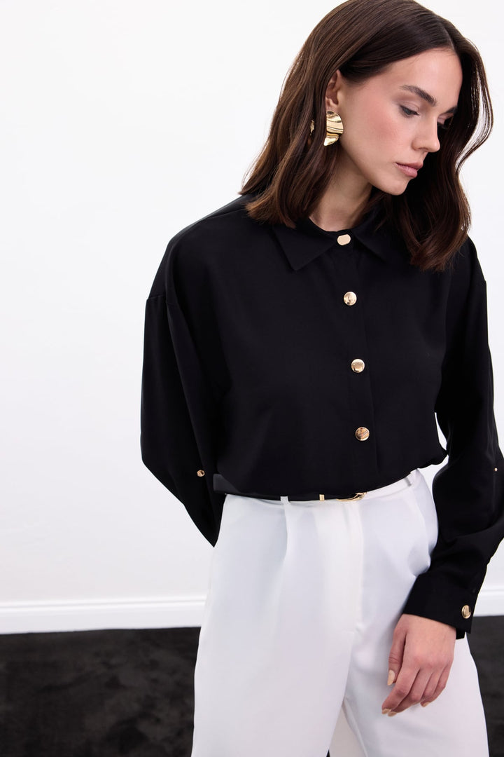 Sateen Chemise avec Détail de Pression - Noir