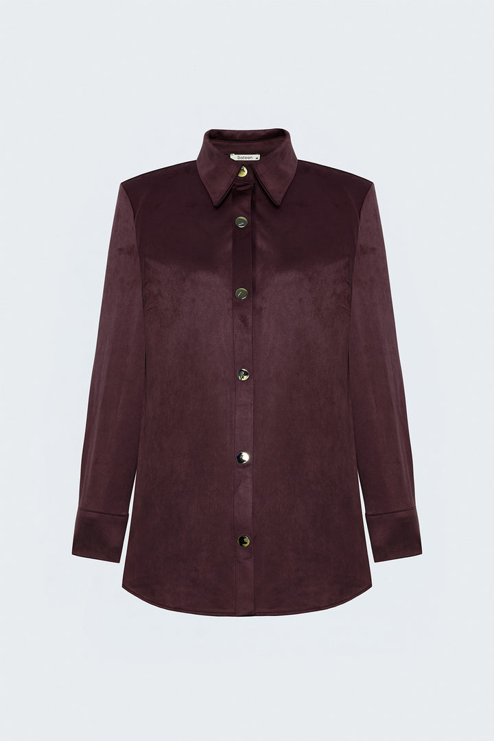Sateen Chemise en Suède avec Détails à Pression - Bordeaux