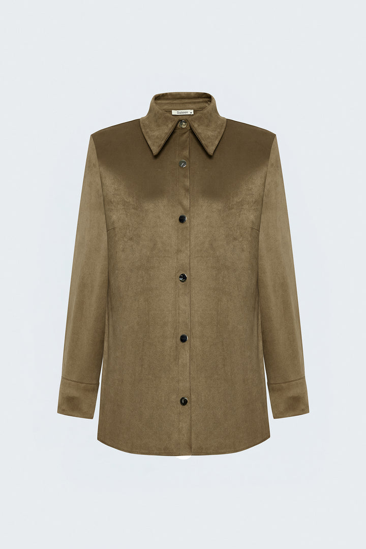 Sateen Chemise en Suède avec Détails à Pression - Camel
