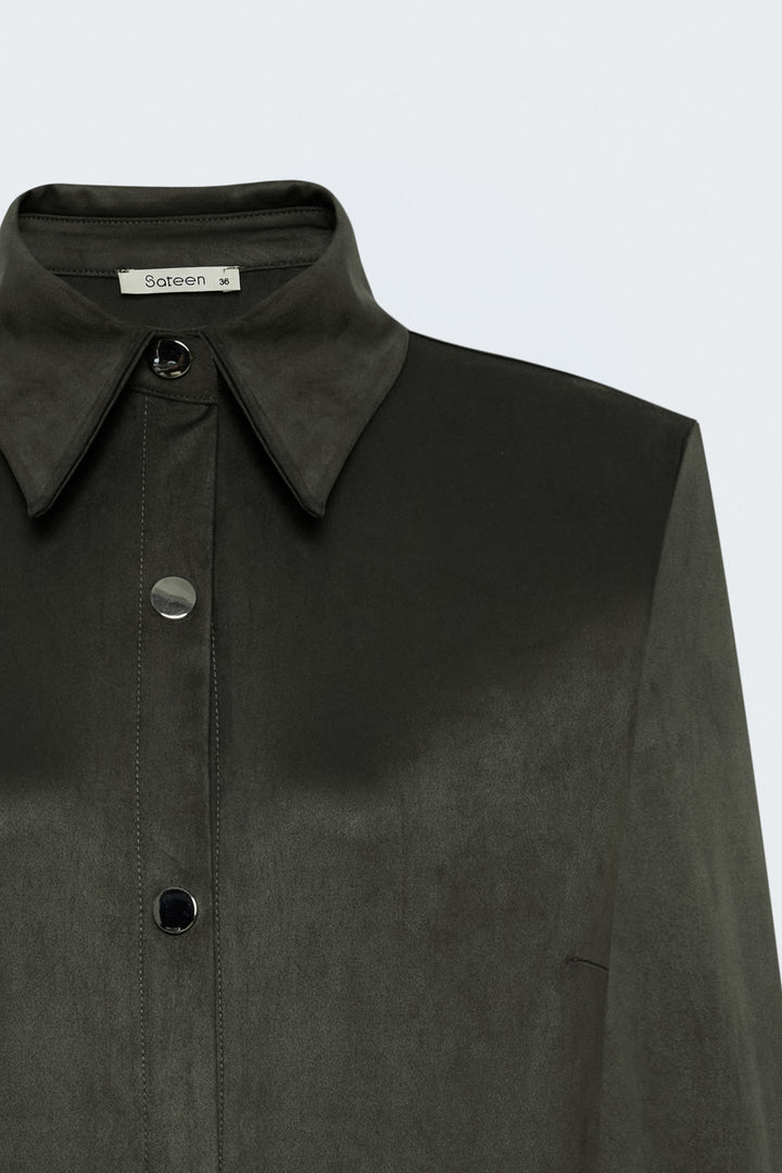 Sateen Chemise en Suède avec Détails à Pression - Kaki