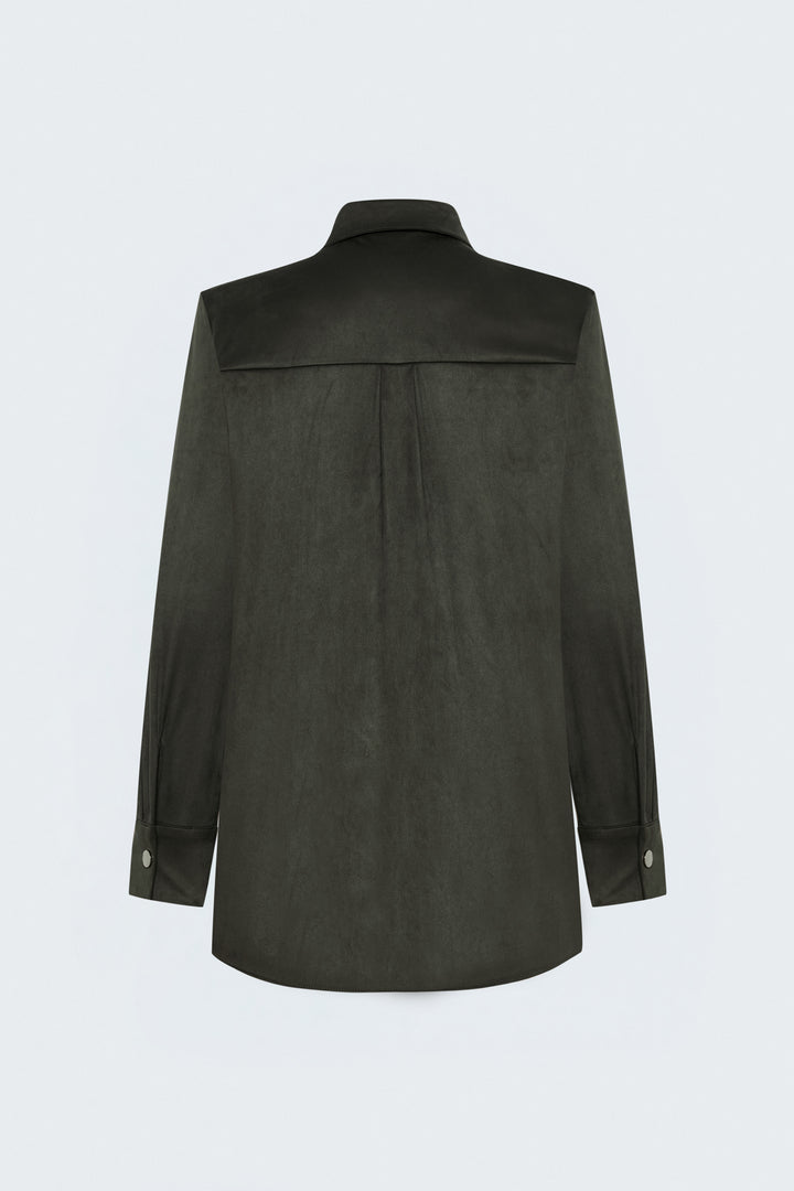 Sateen Chemise en Suède avec Détails à Pression - Kaki