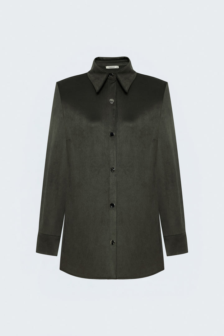 Sateen Chemise en Suède avec Détails à Pression - Kaki