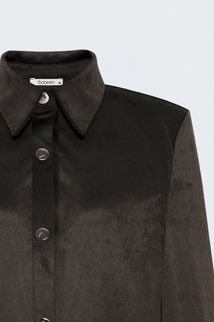 Sateen Chemise en Suède avec Détails à Pression - Marron