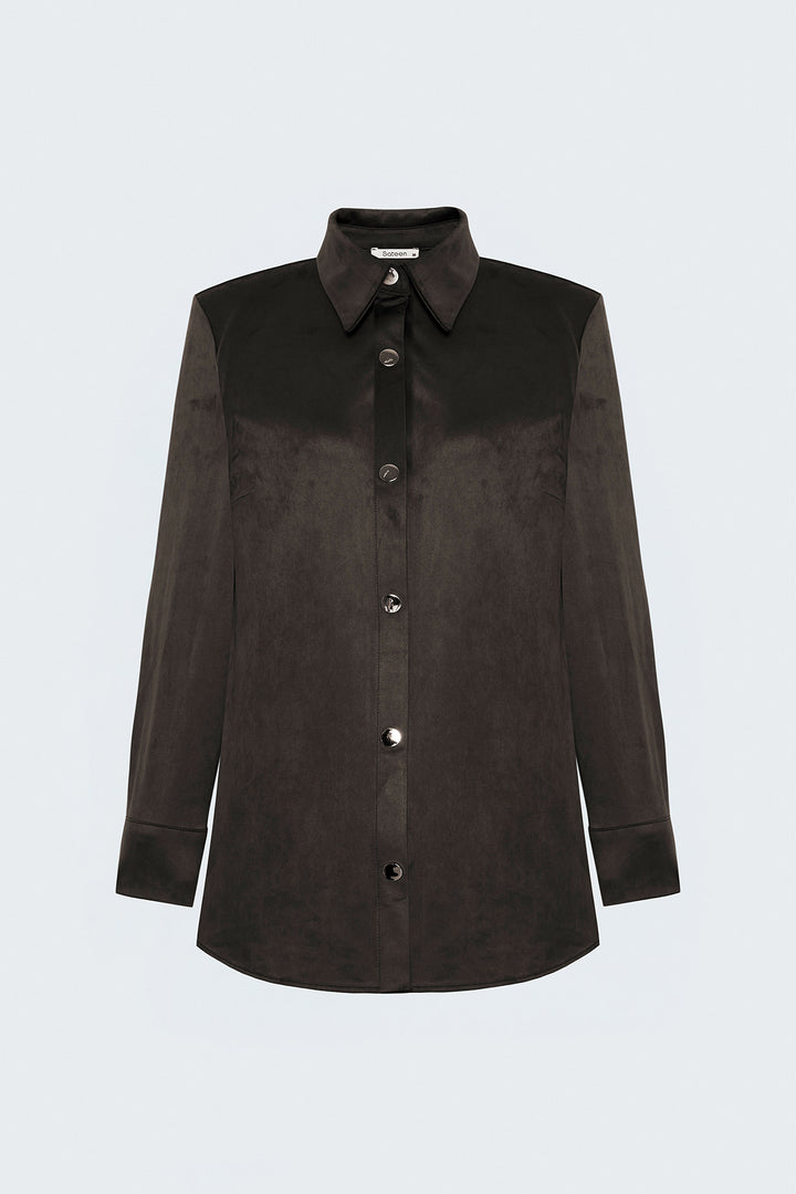 Sateen Chemise en Suède avec Détails à Pression - Marron
