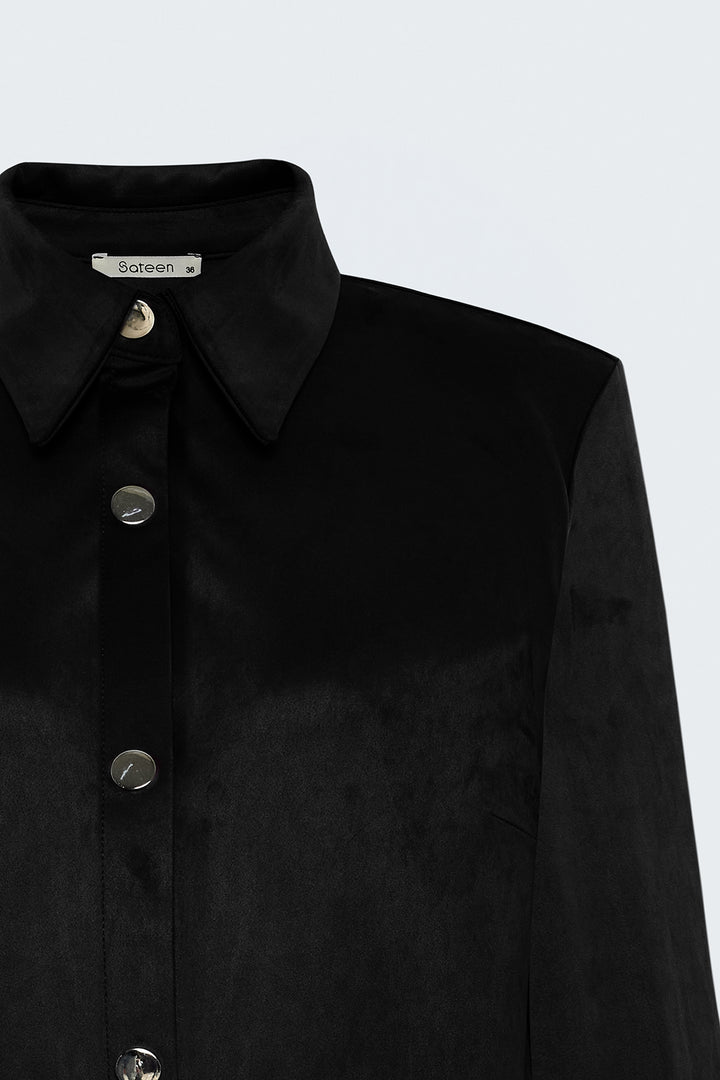 Sateen Chemise en Suède avec Détails à Pression - Noir