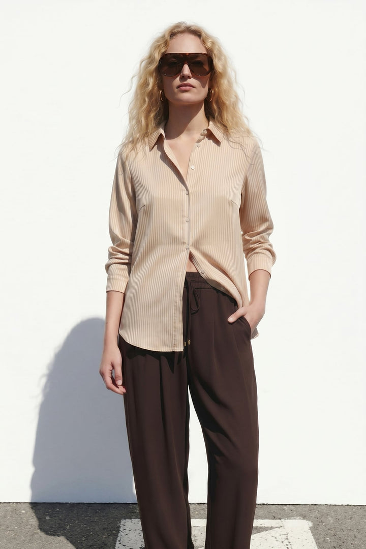 Sateen Chemise à Rayures - Beige