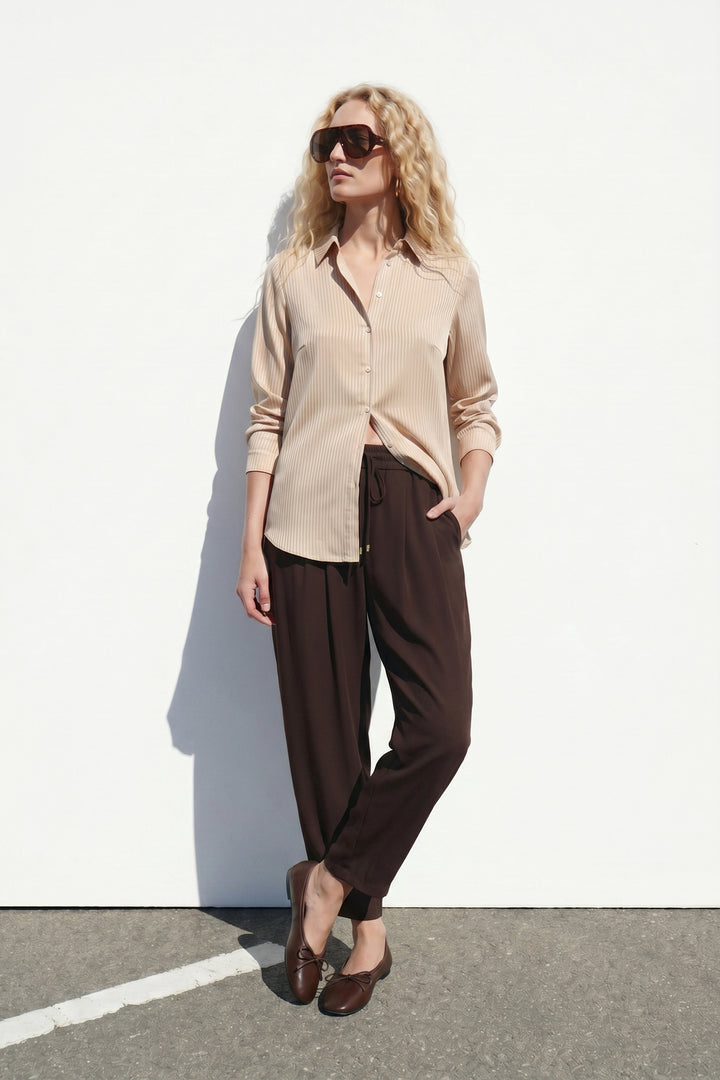 Sateen Chemise à Rayures - Beige