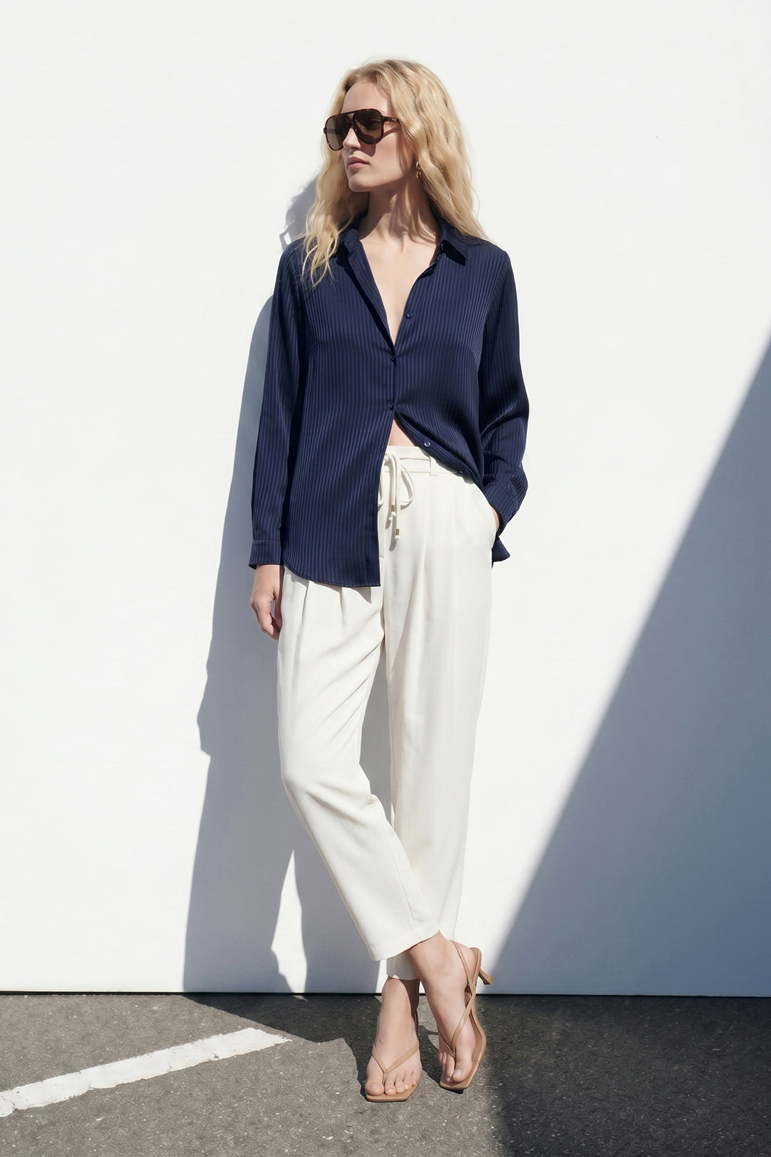 Sateen Chemisier à Rayures - Bleu marine