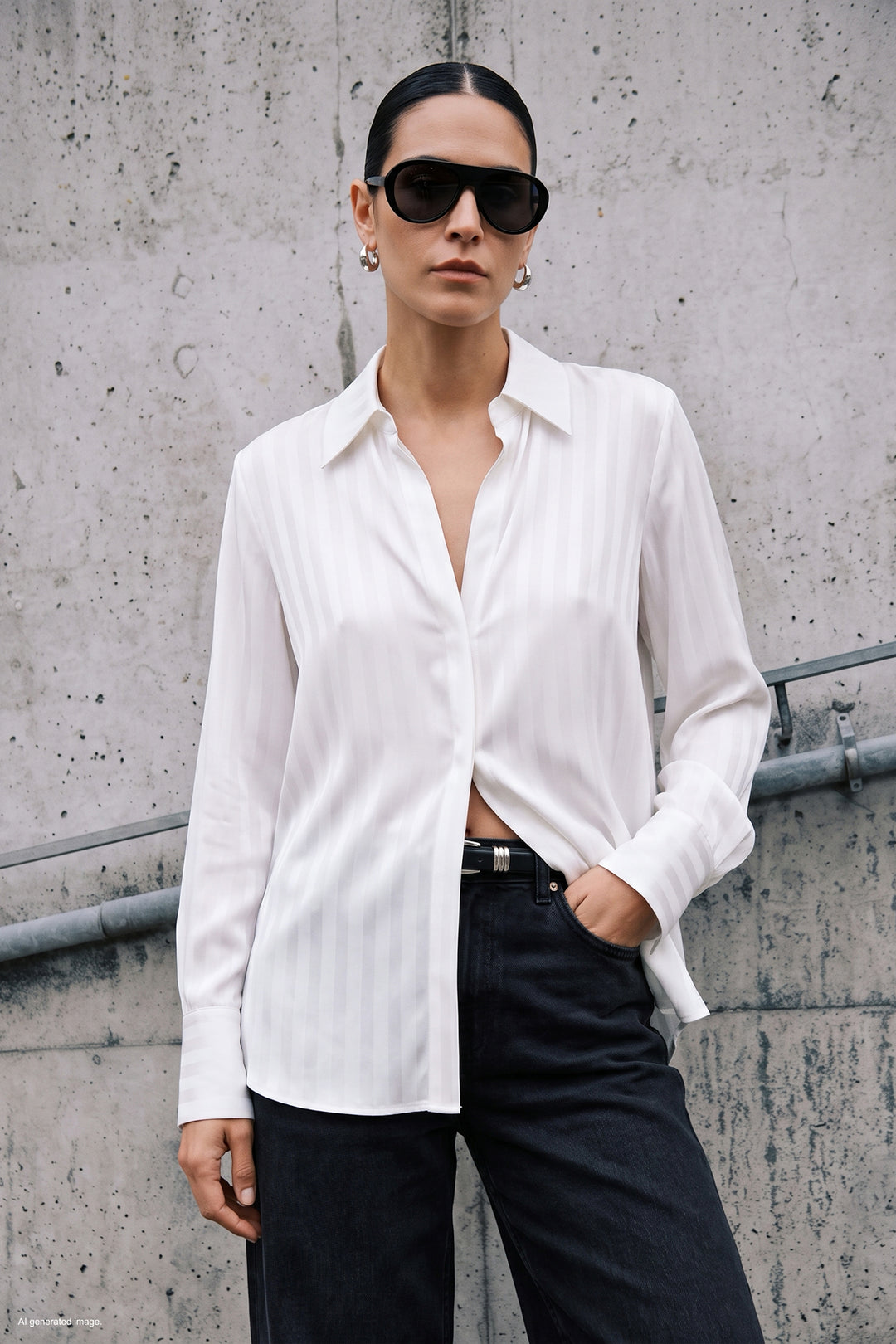 Sateen Chemise à Rayures - Écru