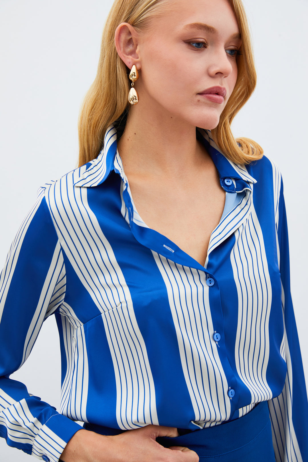 Sateen Chemise à Rayures - sax Bleu