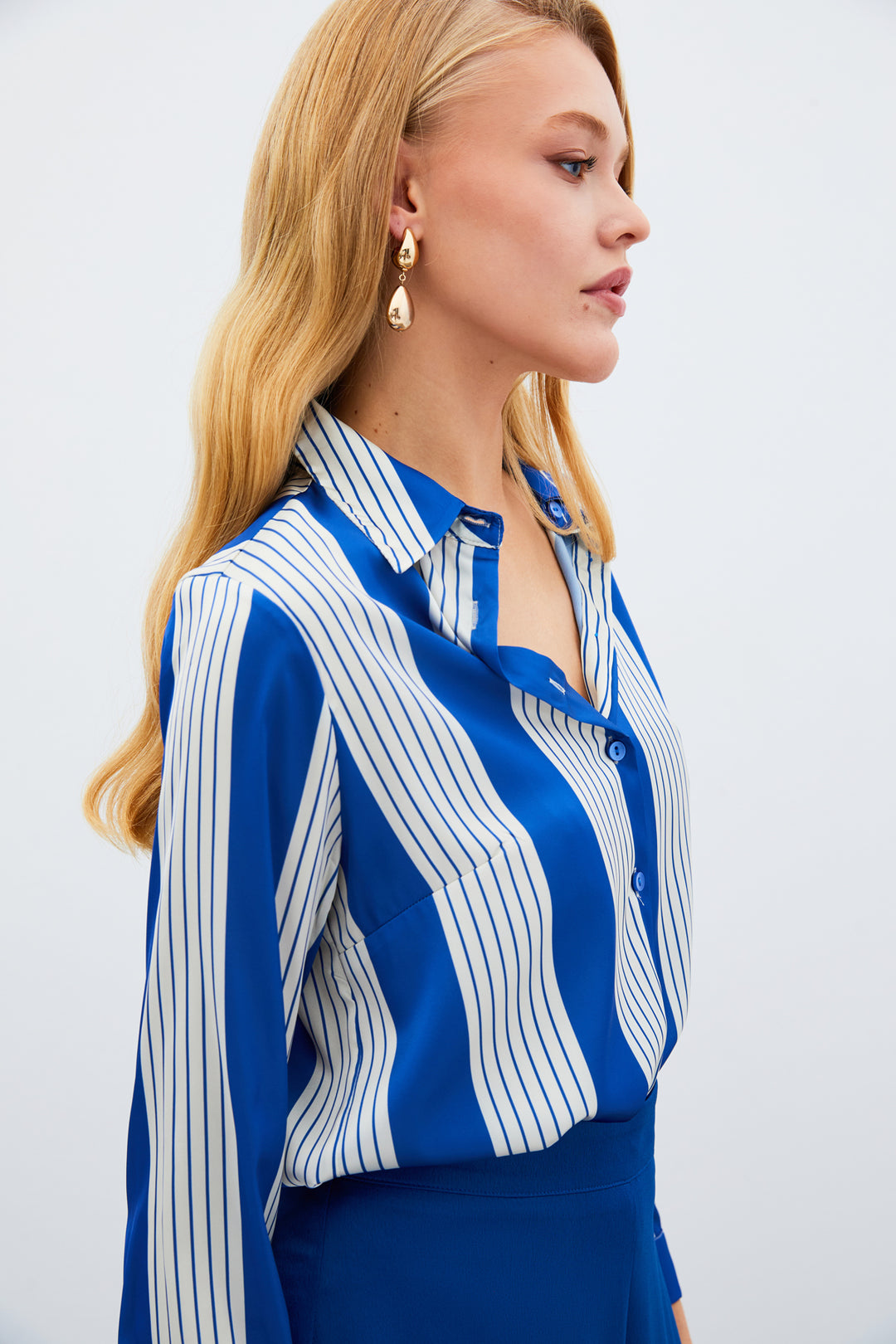 Sateen Chemise à Rayures - sax Bleu
