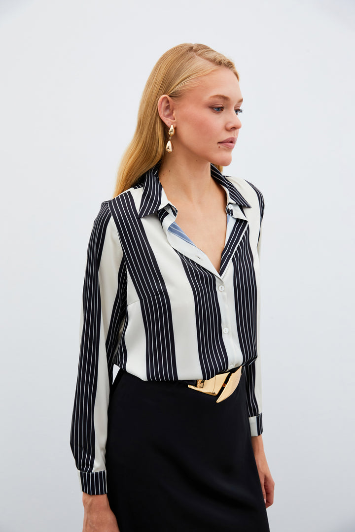 Sateen Chemise à Rayures - Noir