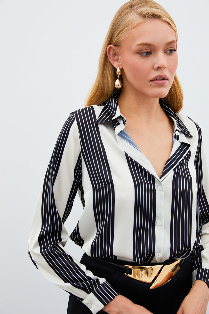 Sateen Chemise à Rayures - Noir