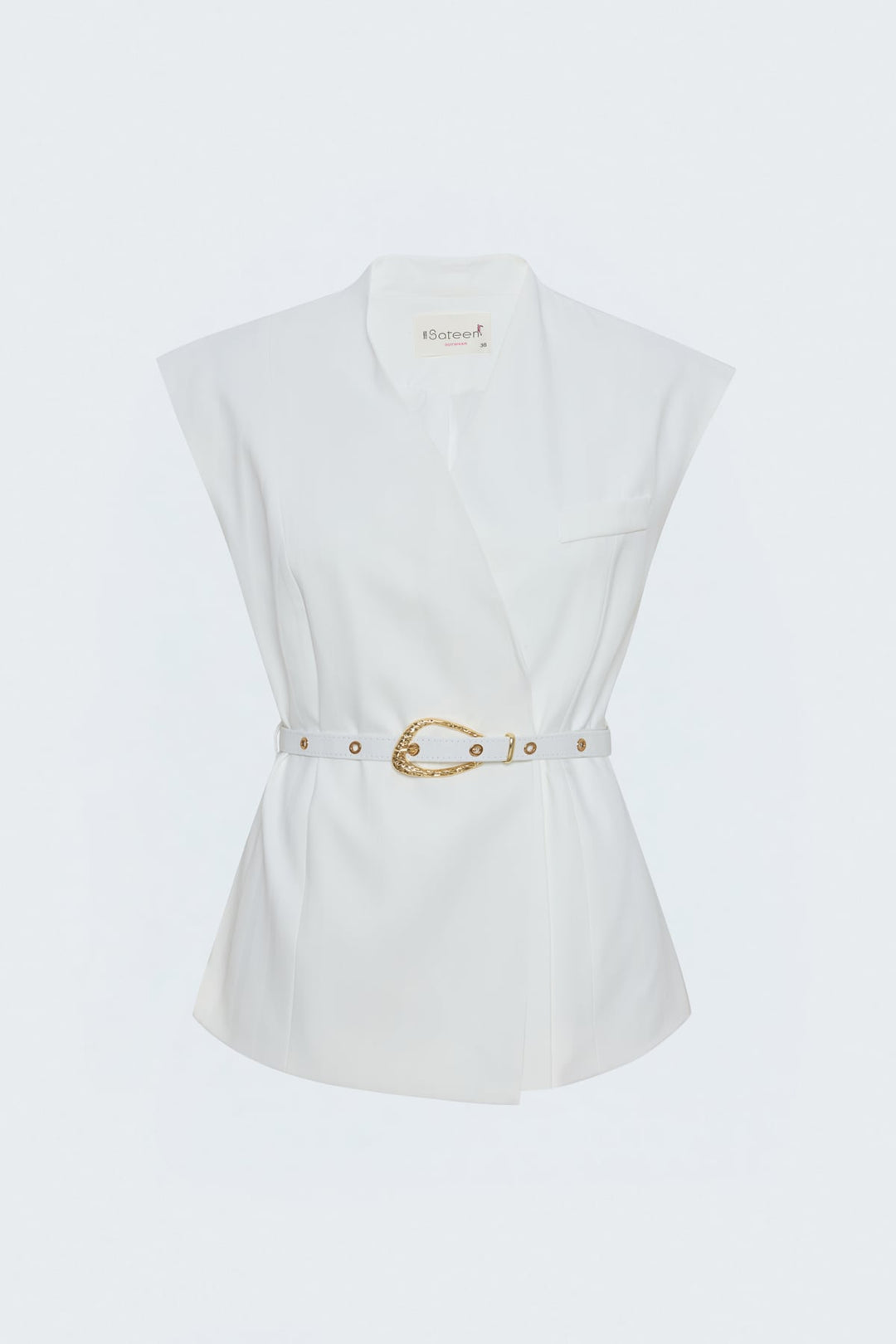 Sateen Gilet à détails de ceinture à rayures - Écru