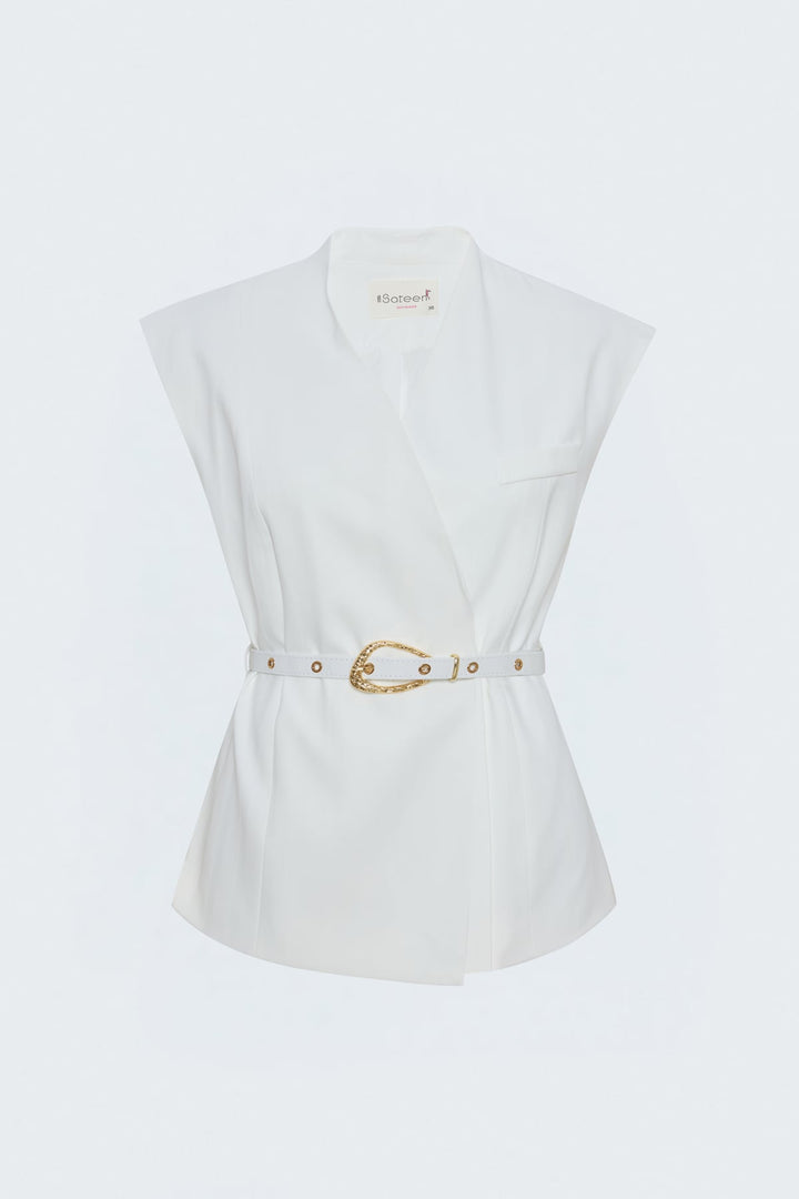 Sateen Gilet à détails de ceinture à rayures - Écru