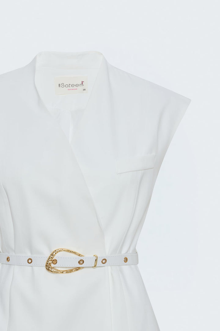 Sateen Gilet à détails de ceinture à rayures - Écru