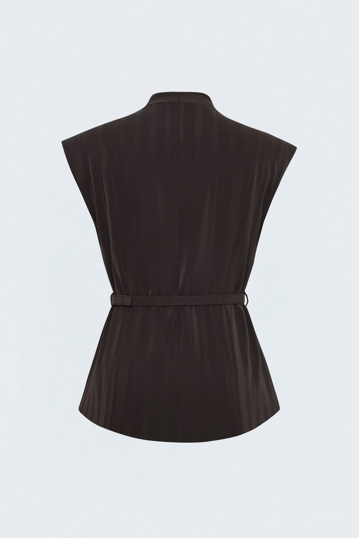 Sateen Gilet à détails de ceinture à rayures - Marron
