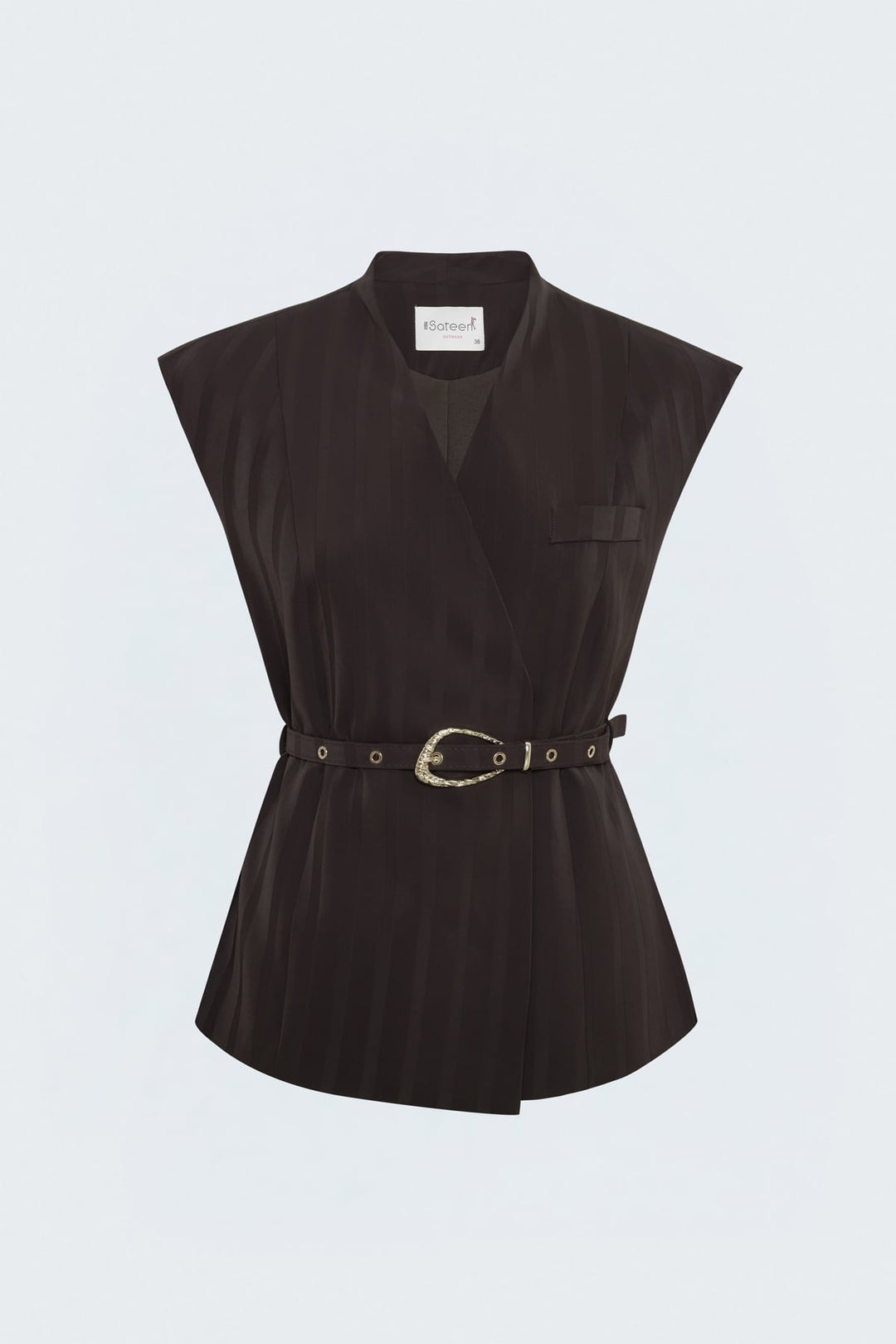 Sateen Gilet à détails de ceinture à rayures - Marron