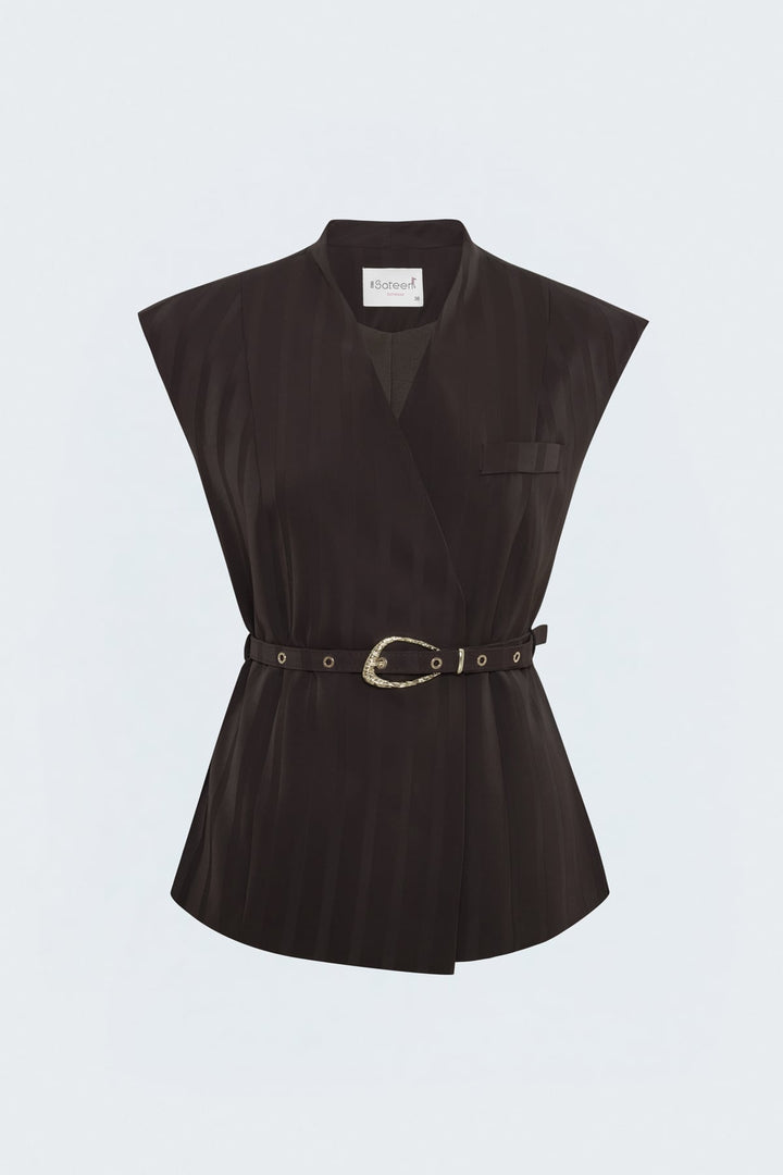 Sateen Gilet à détails de ceinture à rayures - Marron