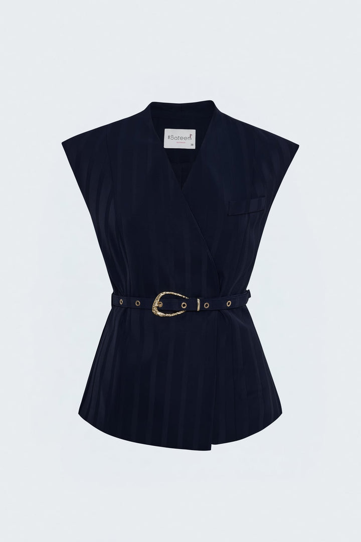 Sateen Gilet à détails de ceinture à rayures - Bleu marine