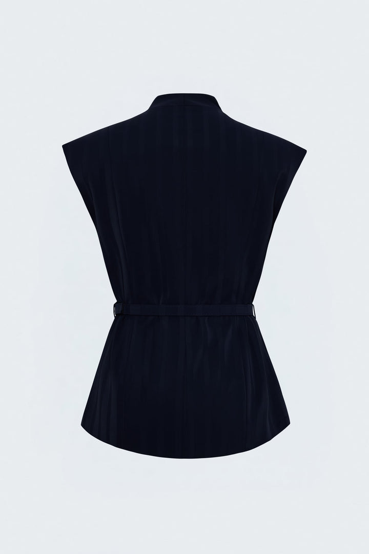 Sateen Gilet à détails de ceinture à rayures - Bleu marine