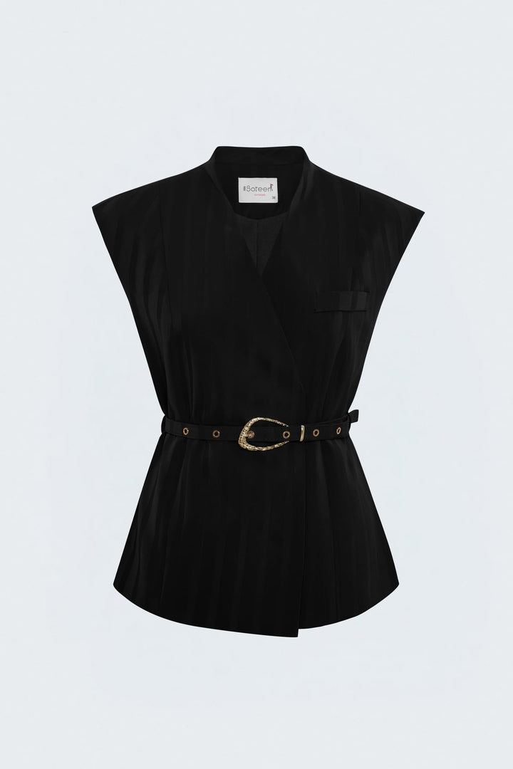 Sateen Gilet à détails de ceinture à rayures - Noir