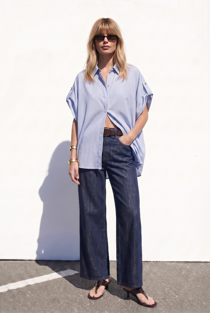 Sateen Chemise à manches courtes à rayures - Bleu ciel