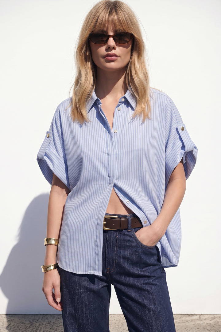 Sateen Chemise à manches courtes à rayures - Bleu ciel
