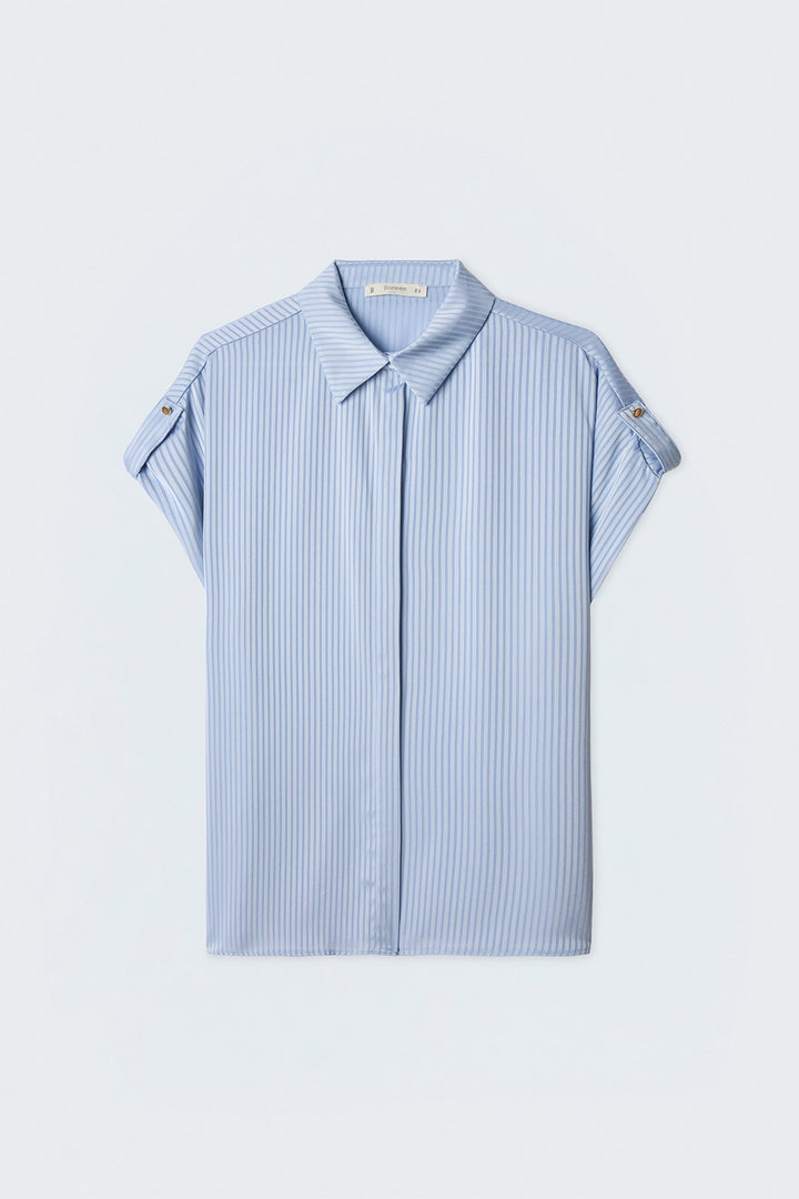 Sateen Chemise à manches courtes à rayures - Bleu ciel