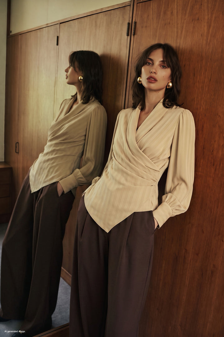 Sateen Blouse Croisée Imprimée - Beige