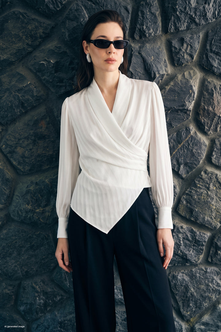 Sateen Blouse Croisée Imprimée - Écru