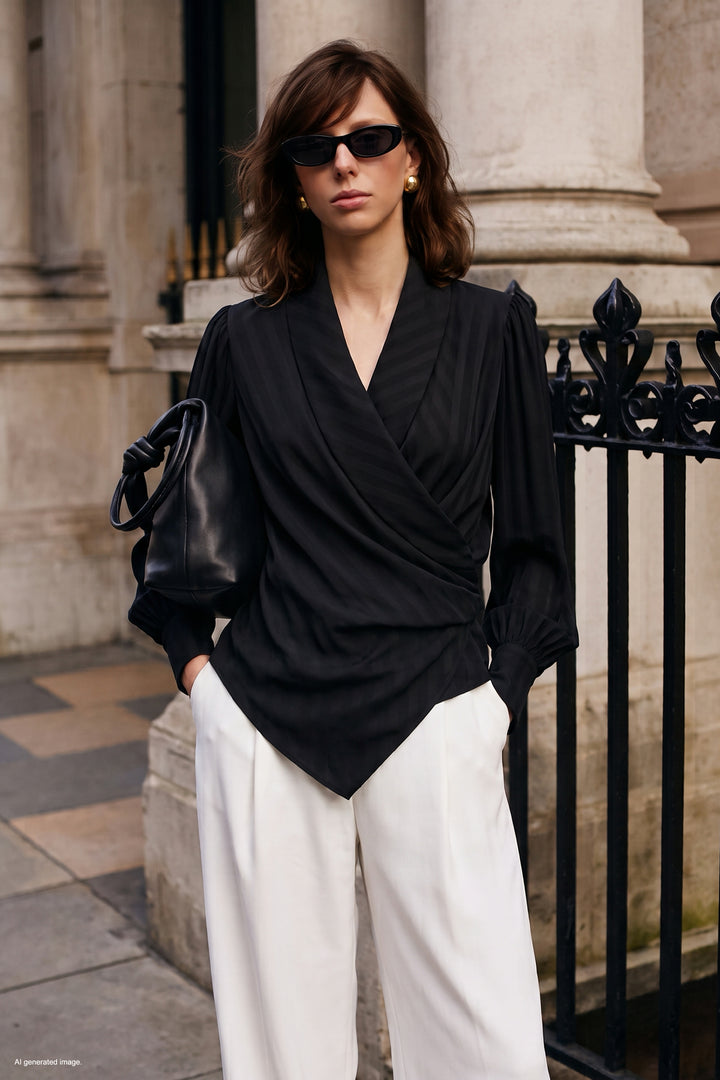Sateen Blouse Croisée Imprimée - Noir