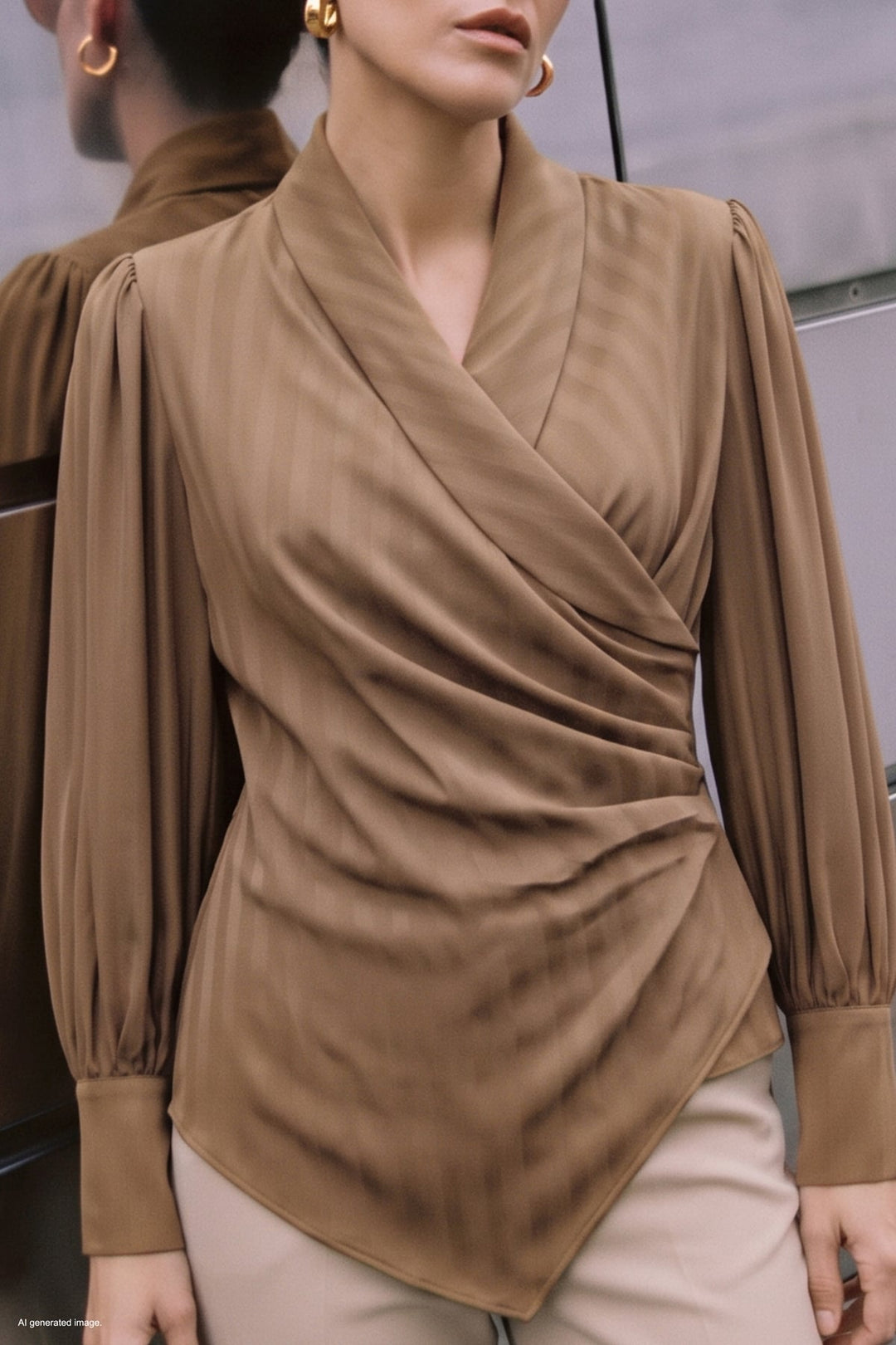 Sateen Blouse Croisée Imprimée - Crème Marron