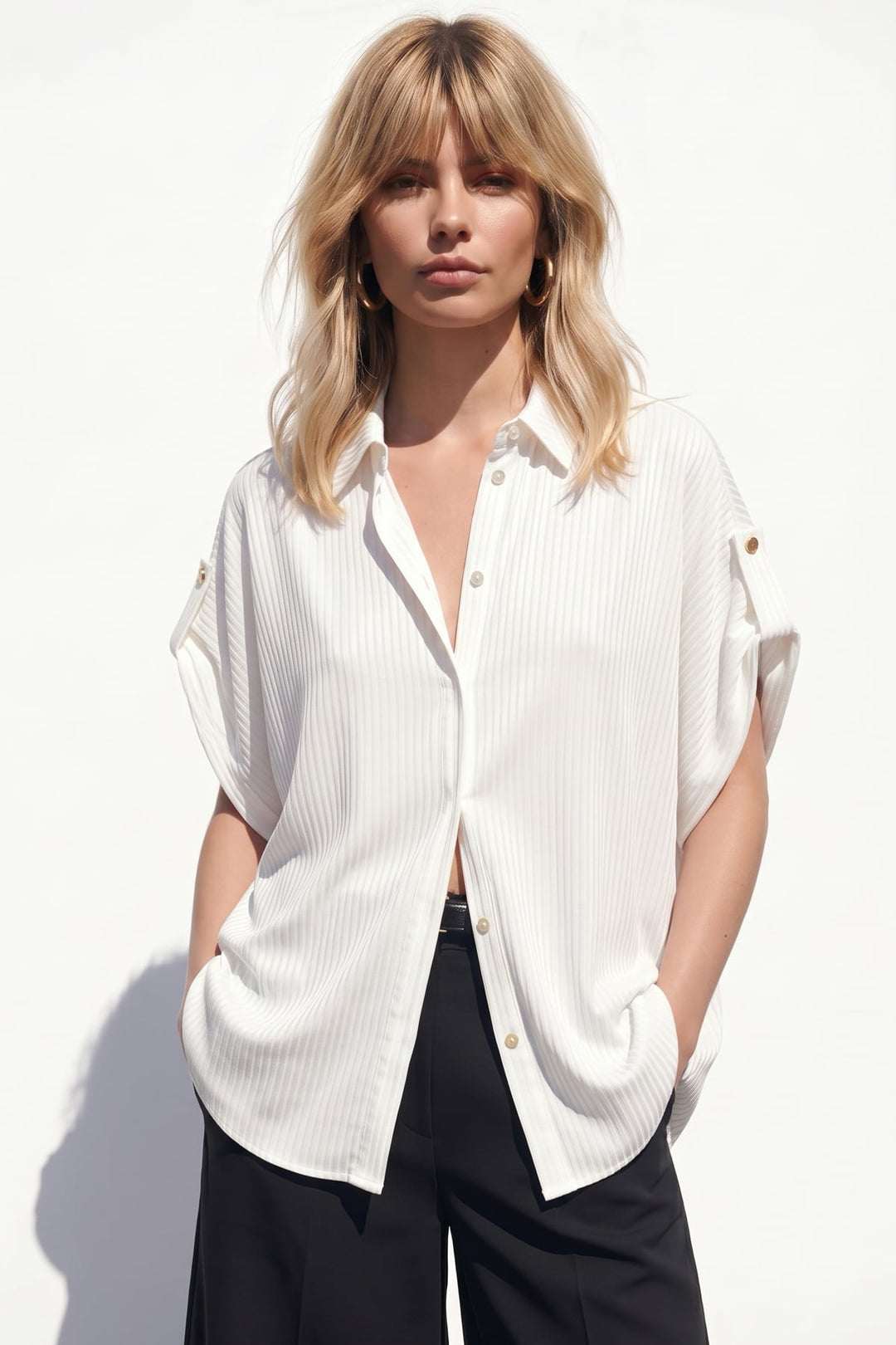 Sateen Chemise ample à rayures à manches courtes - Écru