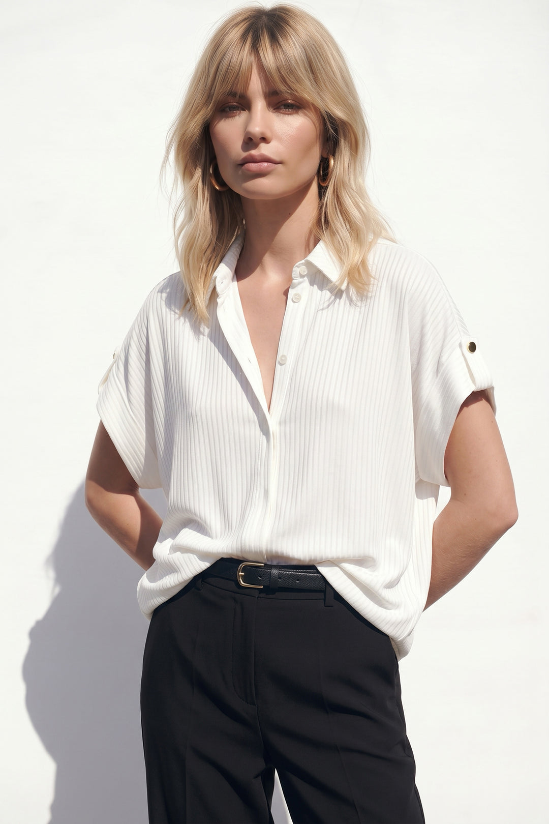 Sateen Chemise ample à rayures à manches courtes - Écru