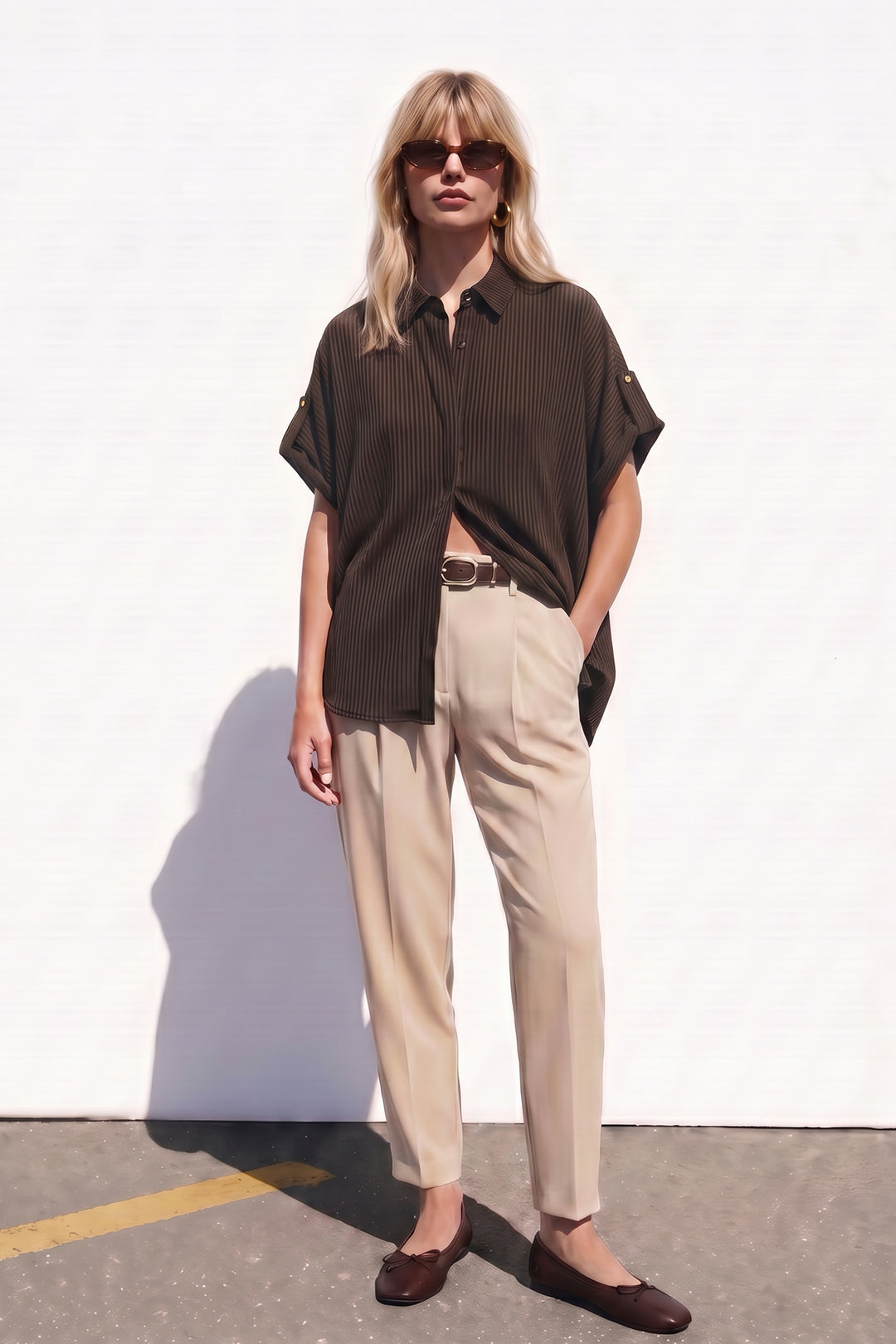 Sateen Chemise ample à rayures à manches courtes - Marron