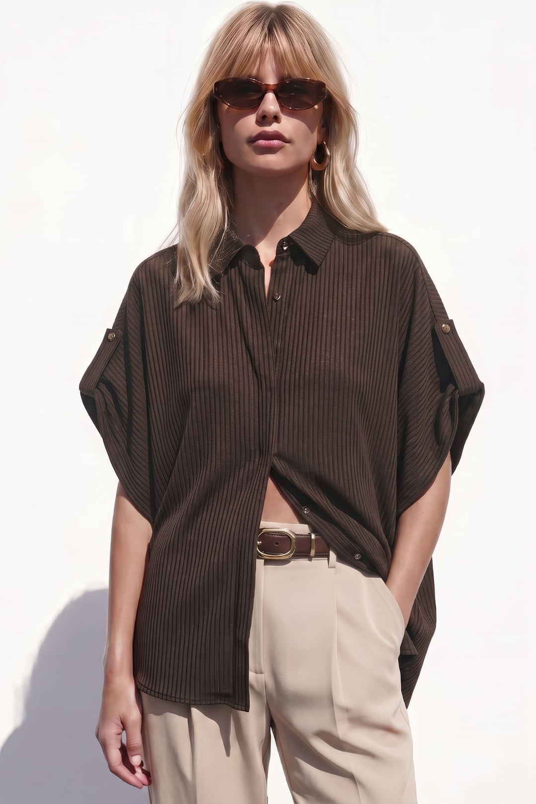 Sateen Chemise ample à rayures à manches courtes - Marron