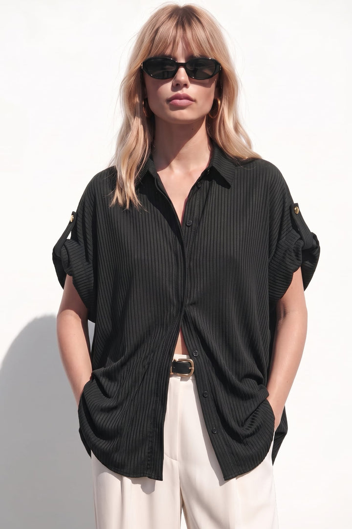 Sateen Chemise ample à rayures à manches courtes - Noir