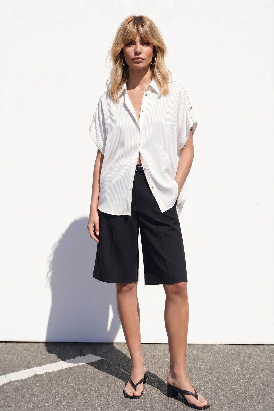 Sateen Chemise ample à rayures à manches courtes - Écru