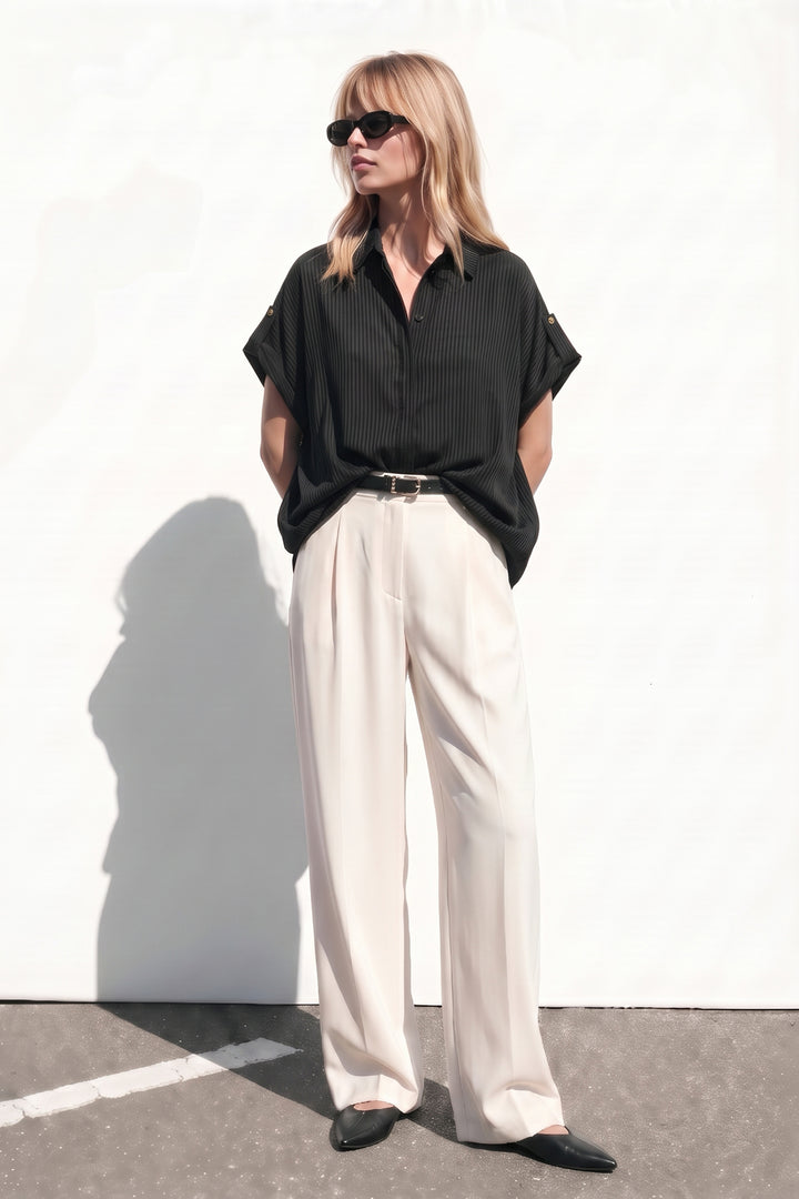 Sateen Chemise ample à rayures à manches courtes - Noir