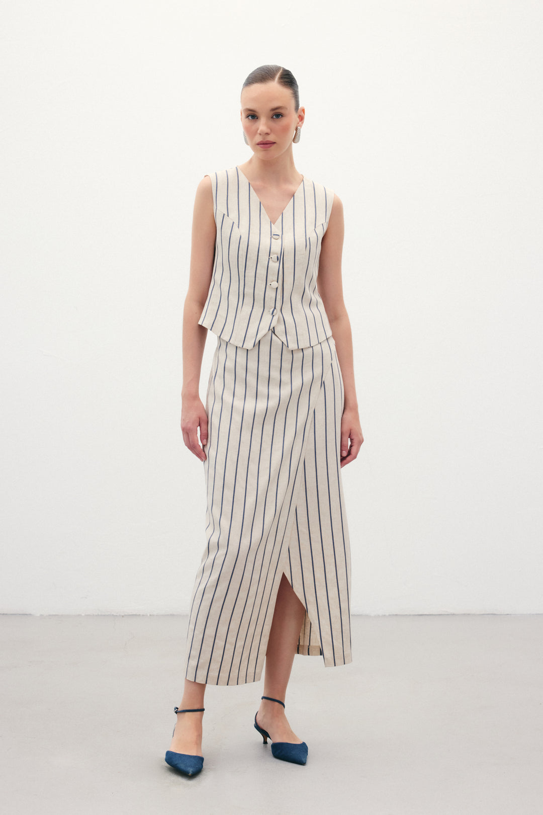 Sateen Jupe en lin rayée - Bleu marine