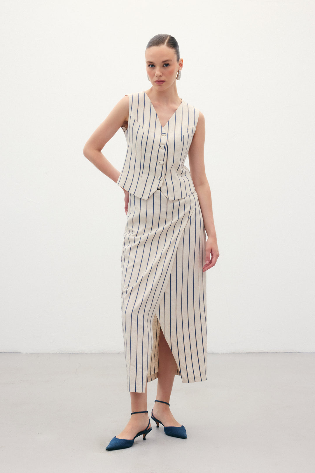 Sateen Jupe en lin rayée - Bleu marine