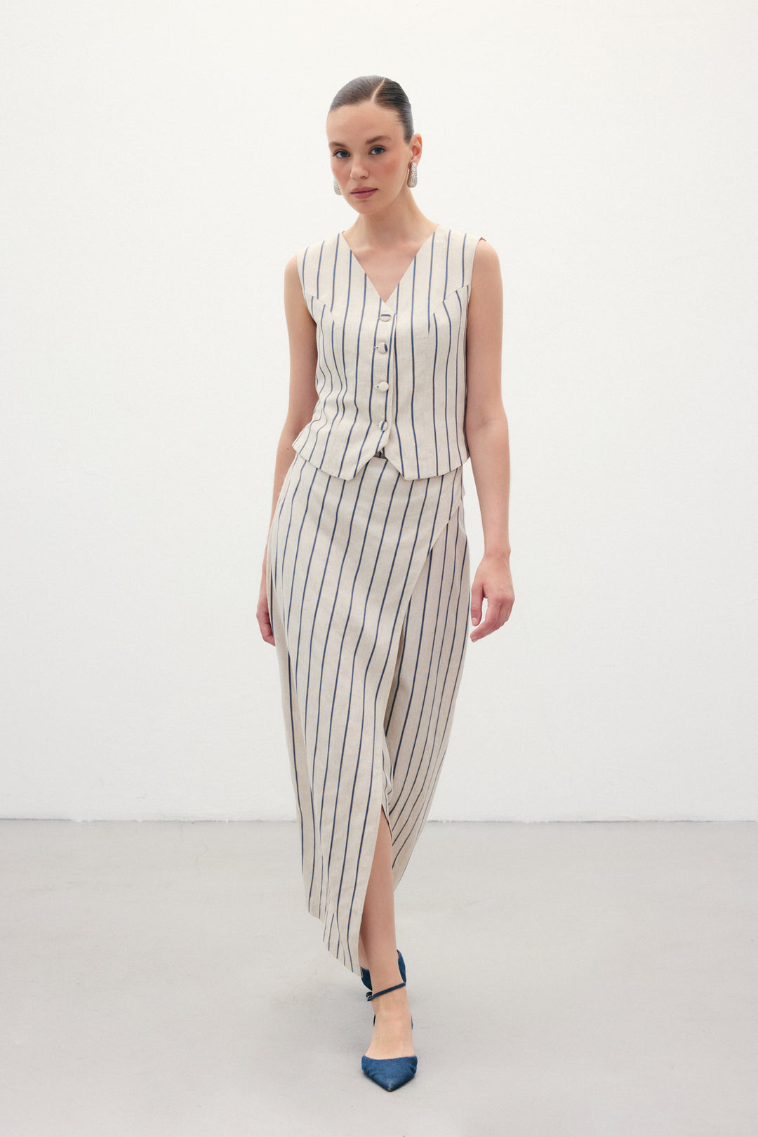 Sateen Jupe en lin rayée - Bleu marine