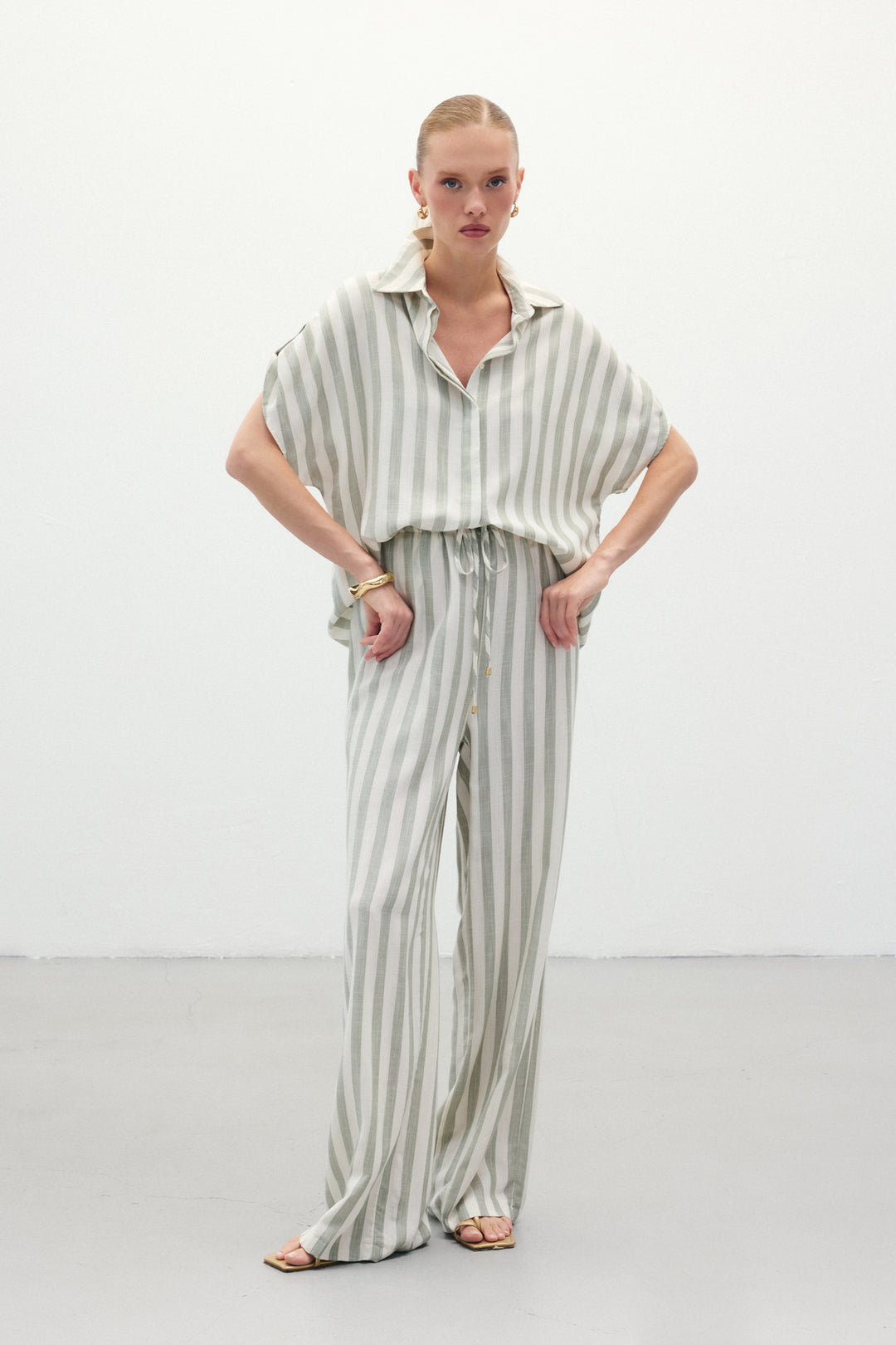 Sateen Pantalon en Lin Rayé Mélangé - Kaki
