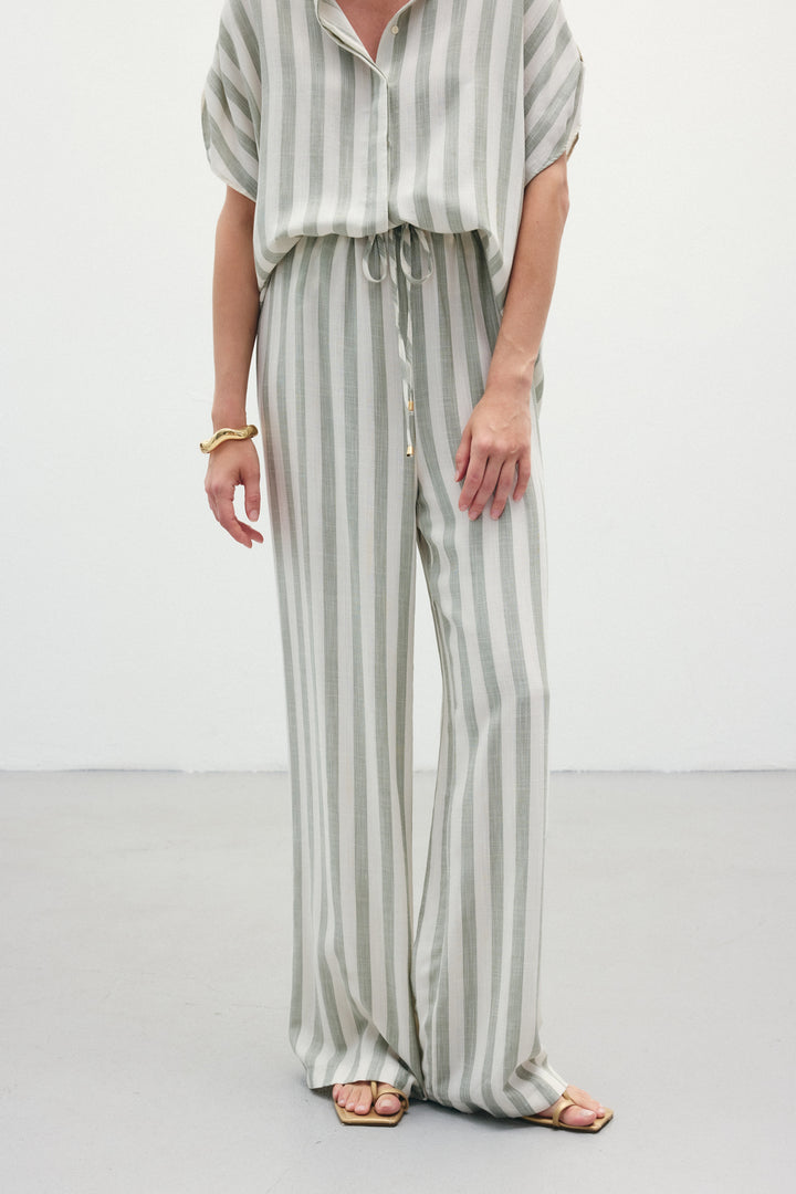 Sateen Pantalon en Lin Rayé Mélangé - Kaki